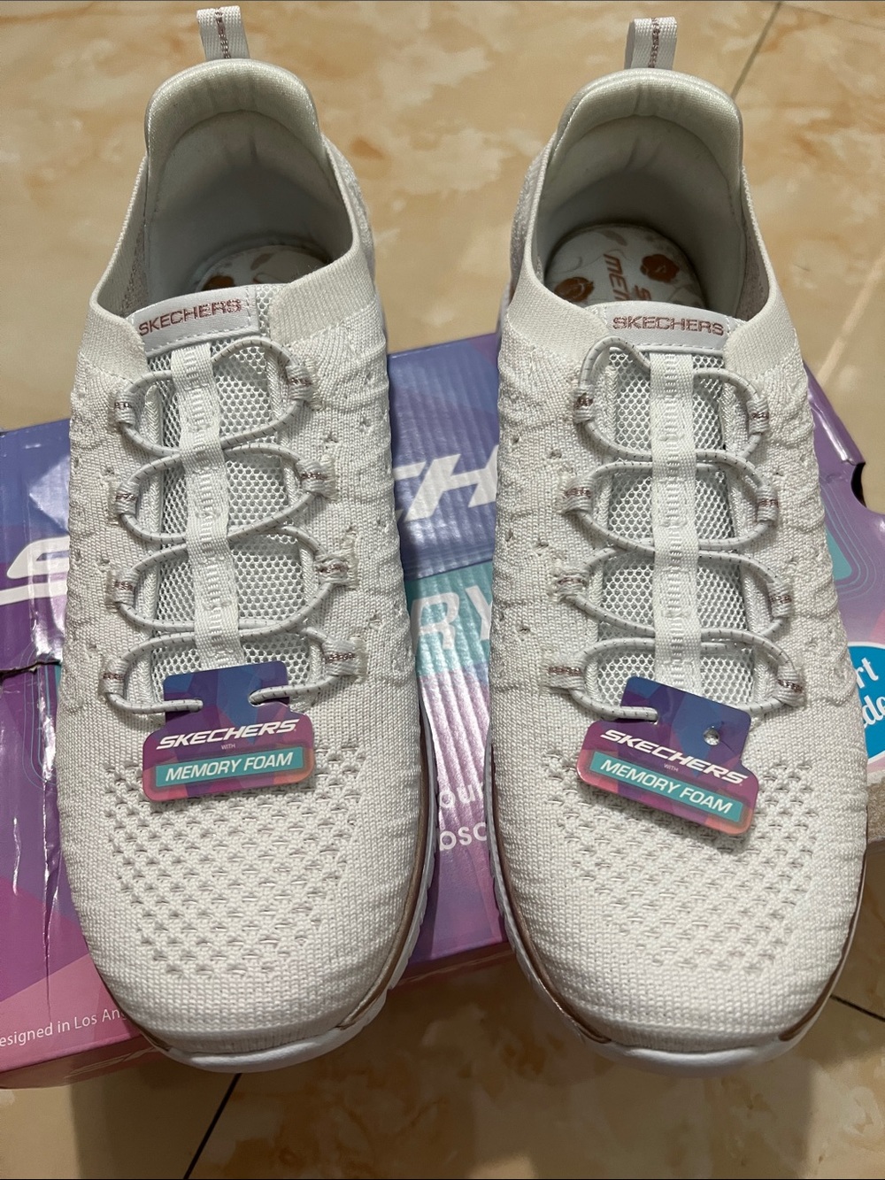 Skechers White Knit Slip-On Memory Foam Sneakers